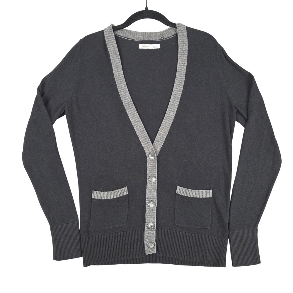 Vintage Old Navy Womens Cardigan Sweater Black Gray V-Neck M Preppy Academia